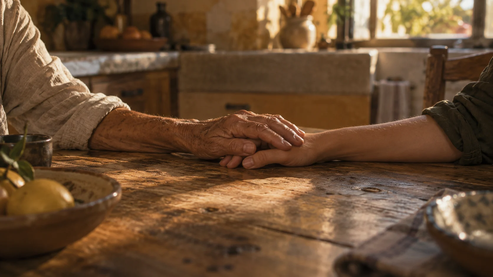 A quiet gesture: an older woman’s hand resting over a younger woman’s hand in warm window light.